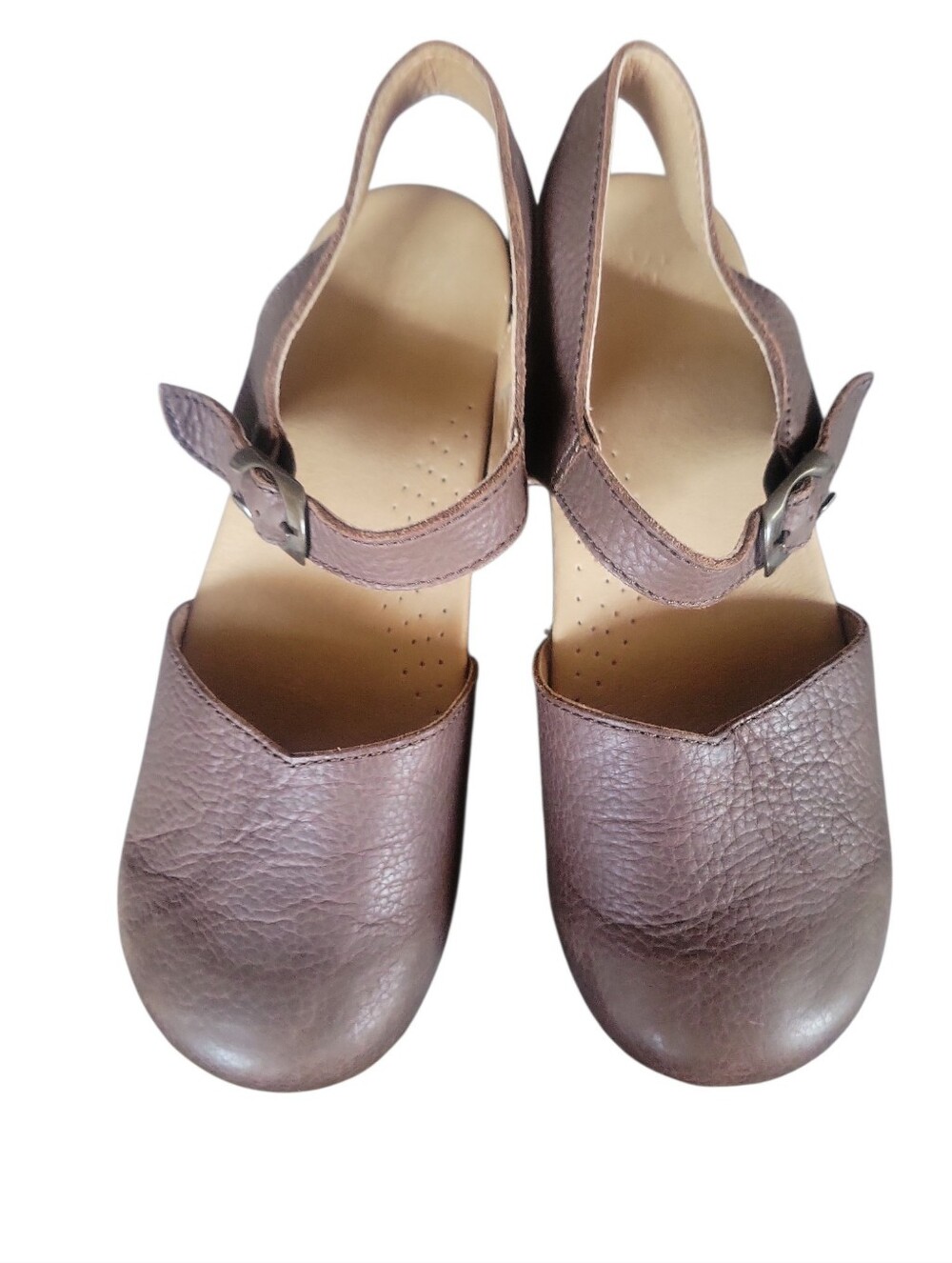 Sanita Brown Leather Slingback Mary Jane Clogs W/Buckle Strap Wooden Look Sole